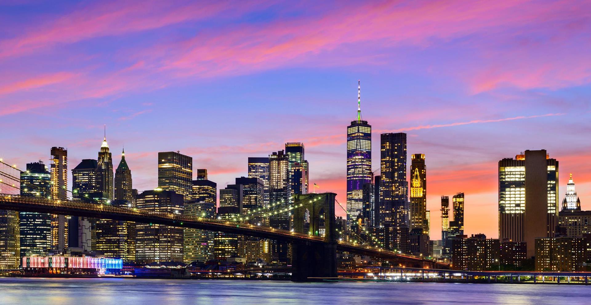 Panoramic View of the Manhattan City Skyline and Brooklyn Bridge at Twilight, New York, USA