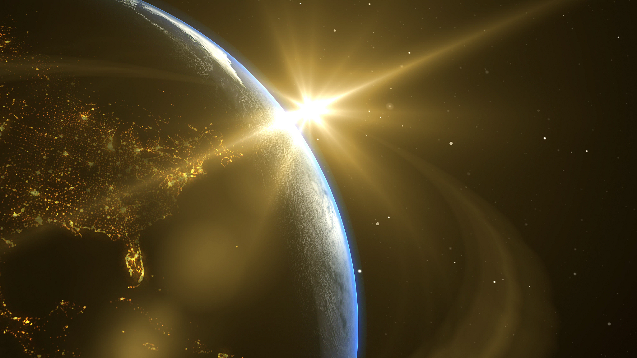 Sunrise and shadow on the earth in space with star in universe. World realistic atmosphere 3D volumetric clouds texture surface.  Elements of this image are furnished by NASA, 3DRender