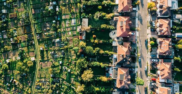 An aerial view of a North London communal garden and houses - stock photo