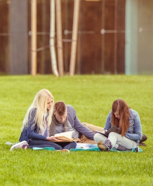 Three individuals enjoying a picnic on the grass in a park.