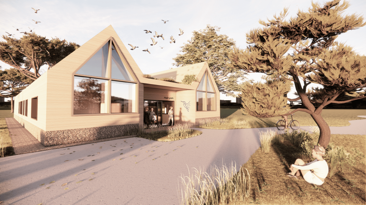 A digital illustration of a house with a tree standing prominently in the background, showcasing a serene landscape.