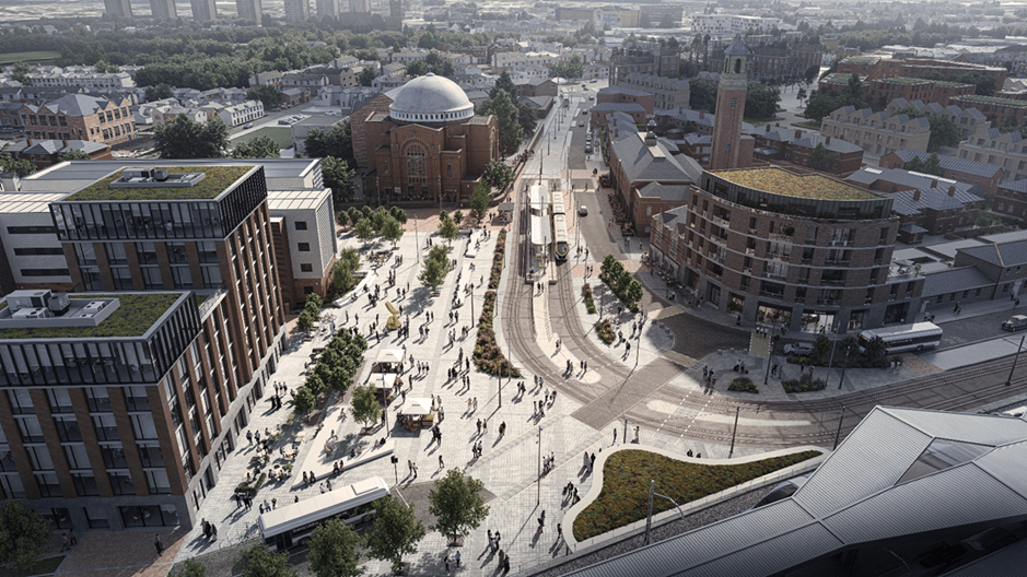 A bustling cityscape filled with numerous buildings and trains.