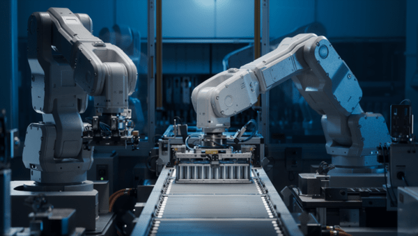 Winning the race for capacity Automated robots working on a factory assembly line with a conveyor belt.