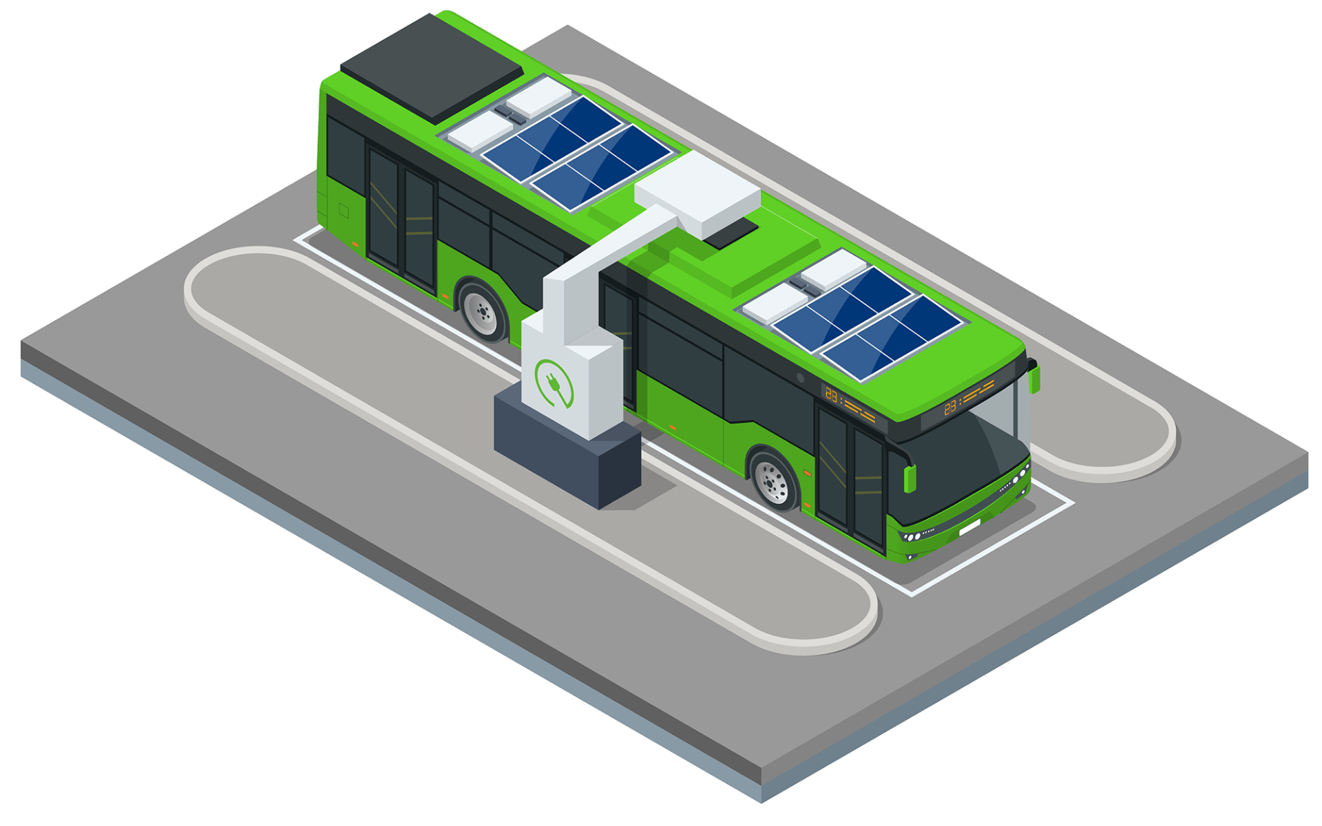 Eco-friendly green bus featuring solar panels for sustainable energy.