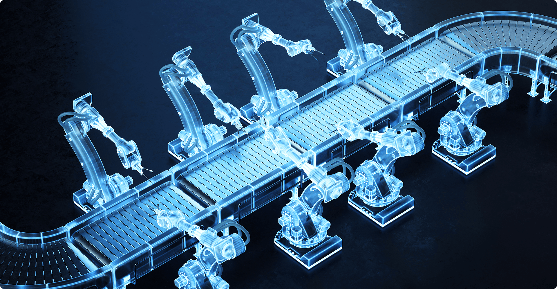 Automated smart factory assembly line with robotic arms and conveyor system, illustrating digital twin technology, industrial automation, and Industry 4.0 innovation.