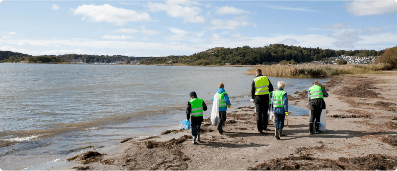 Several people walking together by the serene lakeside, surrounded by lush greenery and reflecting waters.
