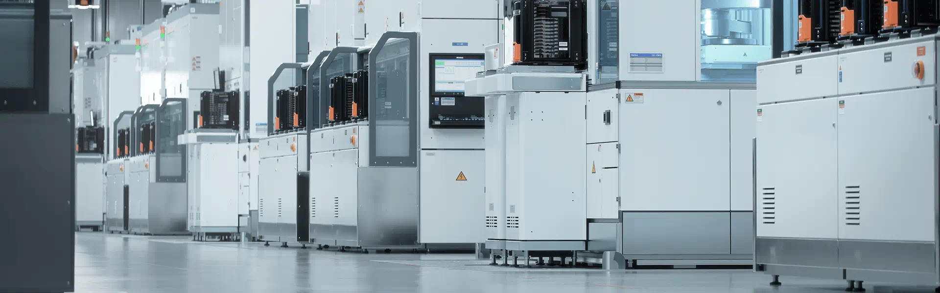 A row of industrial machines lined up in a factory setting, showcasing a workspace for manufacturing processes.