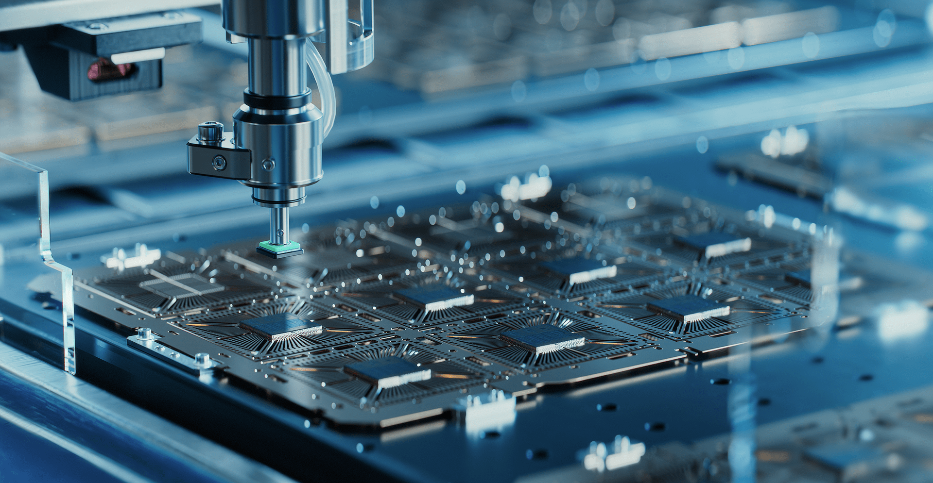 A machine is engaged in processing a circuit board, focusing on electronic parts for assembly or repair.