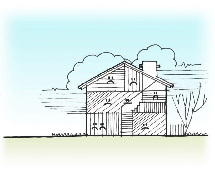 Illustration of a house with a tree in the backdrop.