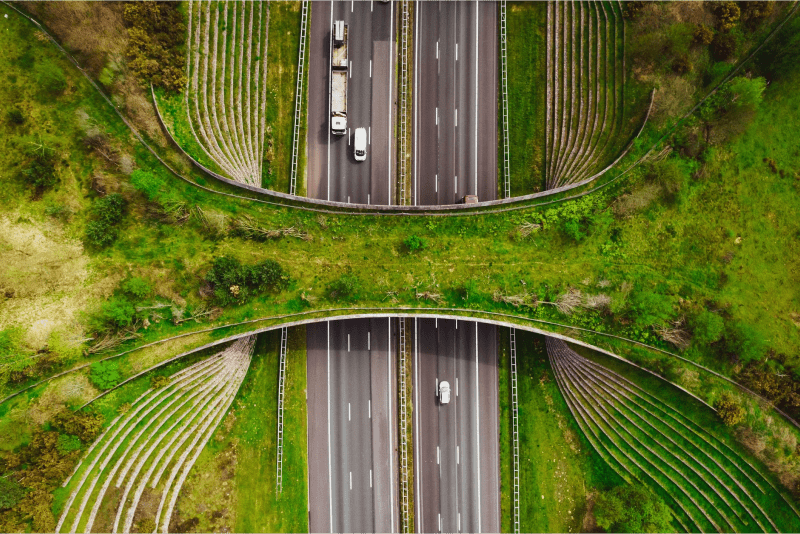 Overhead shot of vehicles moving on a busy highway with no congestion in sight.