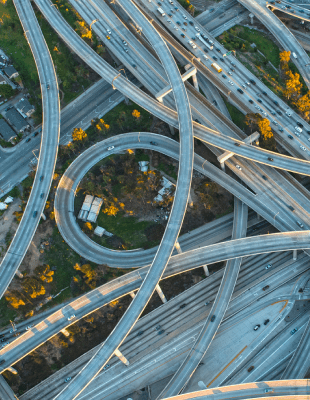 Aerial view of highway interchange in cityscape