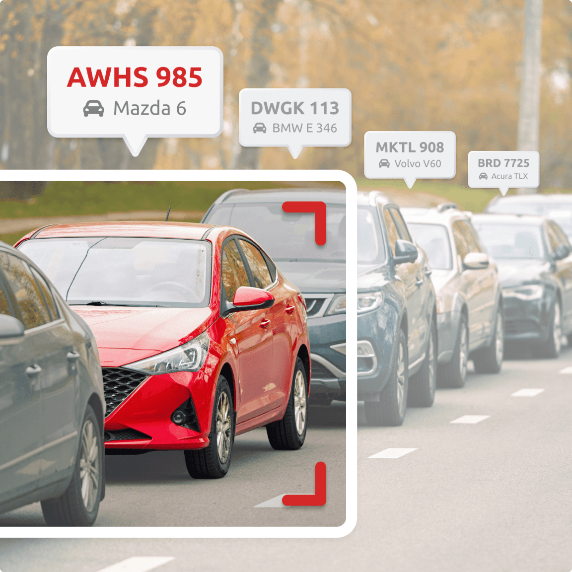 A red car drives along the road, equipped with a camera mounted on its side for capturing images.