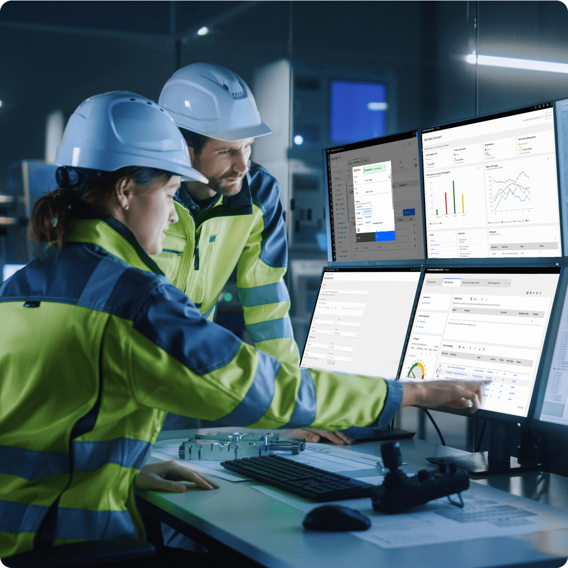 Two professionals wearing hard hats engaged in computer work, demonstrating teamwork in a construction environment.