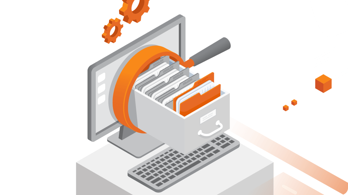 Illustration of computer, showing a drawer of files and folder.