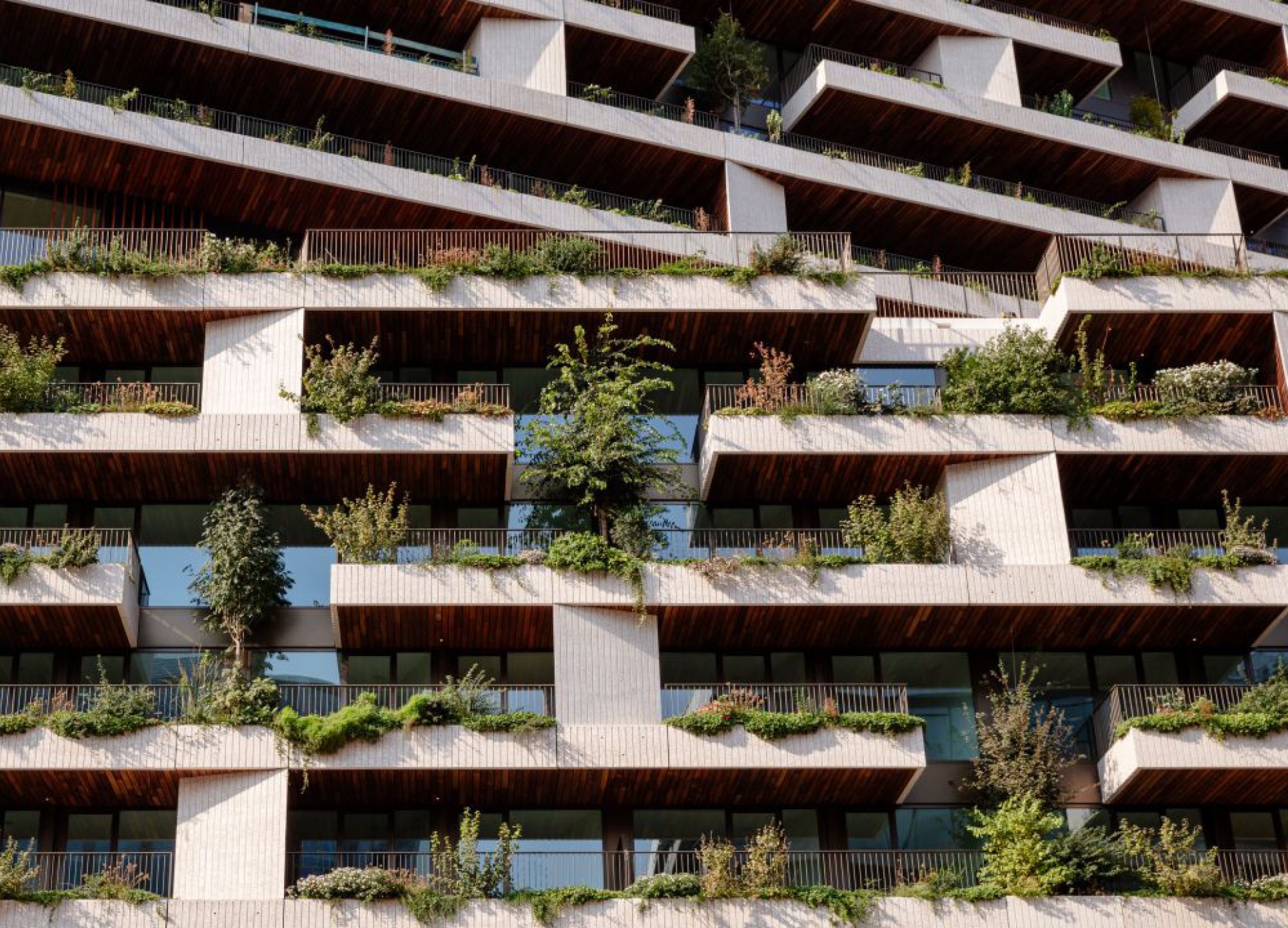 A building adorned with numerous balconies, each featuring vibrant plants flourishing in their respective spaces.
