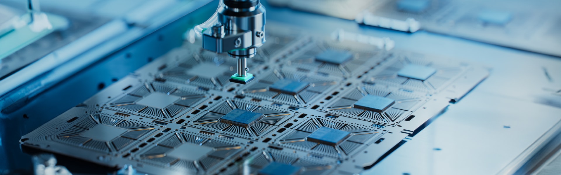 Detailed image of a machine in action, manufacturing a circuit board with high precision and intricate components.