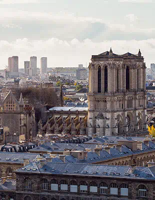 Aerial view of the Notre Dame Cathedral showing the repair works