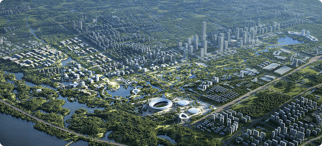 A vibrant futuristic cityscape featuring numerous tall buildings interspersed with lush green trees.