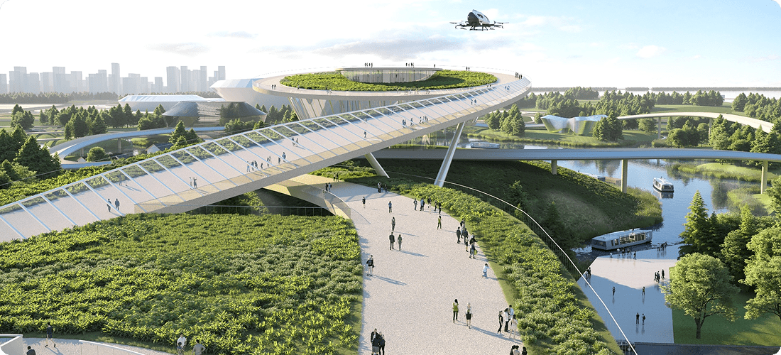 A futuristic bridge with pedestrians walking across, showcasing modern design and urban life.