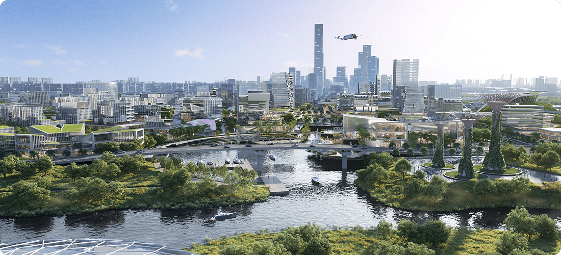 A scenic city skyline featuring a river flowing beneath a bridge, surrounded by buildings and greenery.
