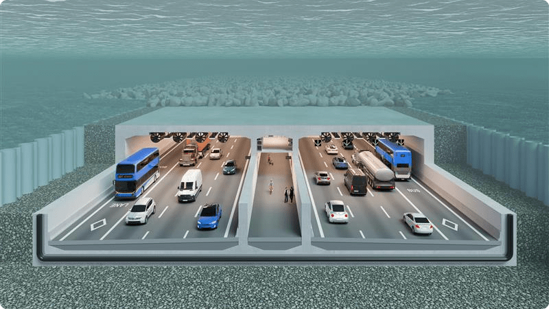 An underwater tunnel featuring vehicles, including cars and buses, traversing through a submerged passageway.