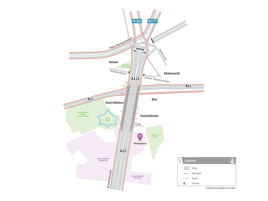 Cette carte présente la zone d'étude concernant l'avenir du viaduc de l'A12 à Wilrijk.