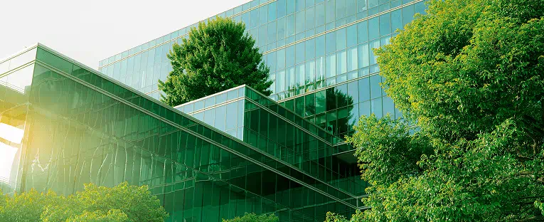 A building surrounded by green trees, with sunlight streaming through its glass windows.