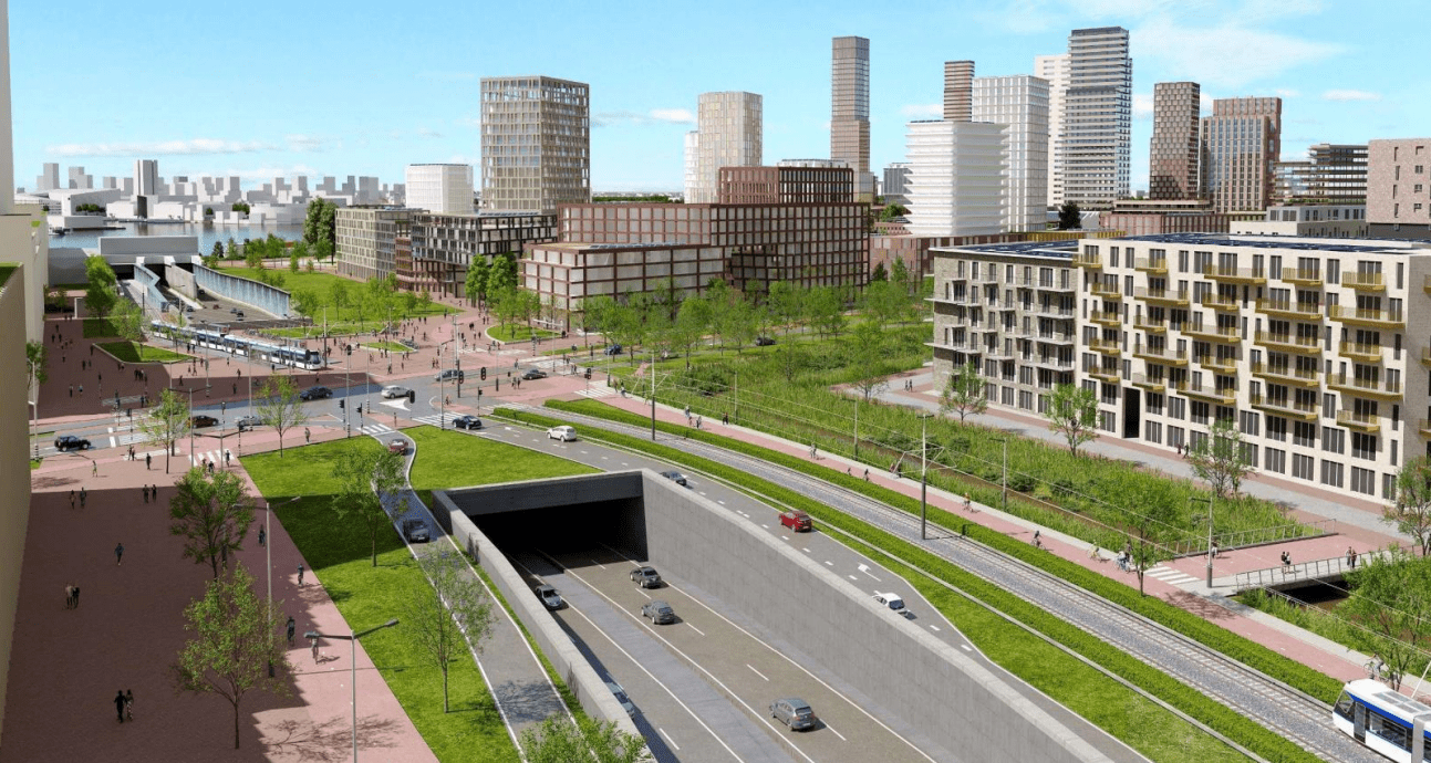 Sustainable urban district with modern buildings, green spaces, tram lines, and integrated transport infrastructure.