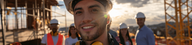 A man in a hard hat stands confidently, ready for work in a construction or industrial environment.