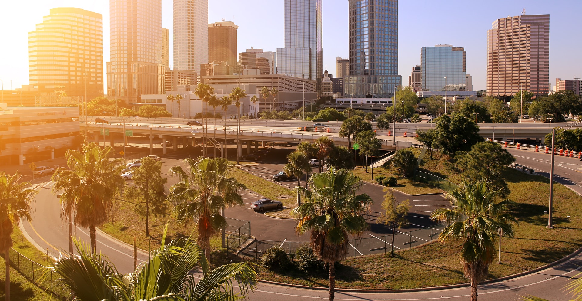 A scenic view of a city street adorned with palm trees, merging into a highway, highlighting the blend of nature and urbanity. Skyline of Downtown Tampa, Florida, US