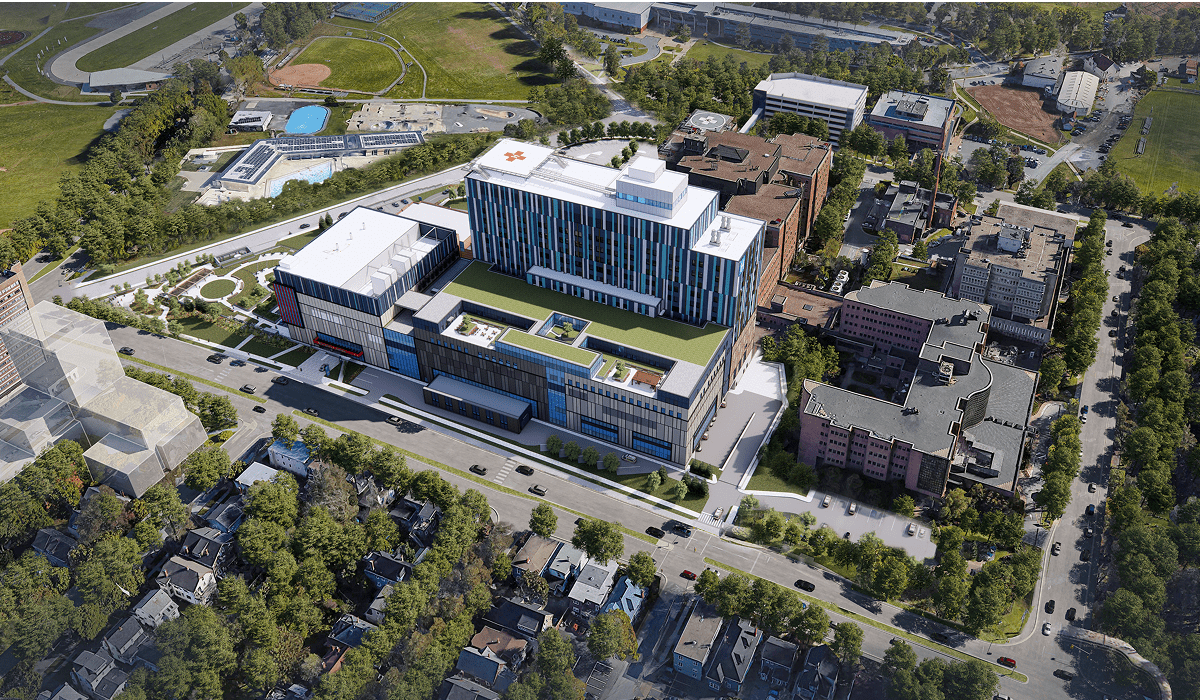 A visual representation of the new hospital, featuring innovative architecture and a welcoming exterior.