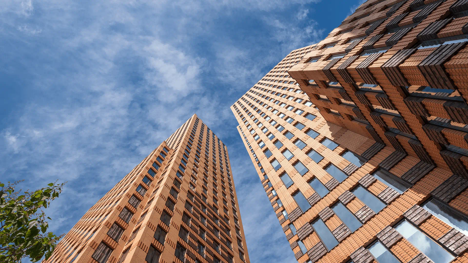 A view of two skyscrapers rising under a bright blue sky, highlighting the contrast between nature and urban development.