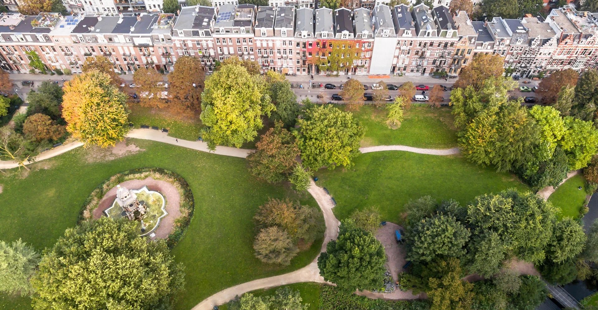Aerial view of Amsterdam city roofs beside Sarphati park