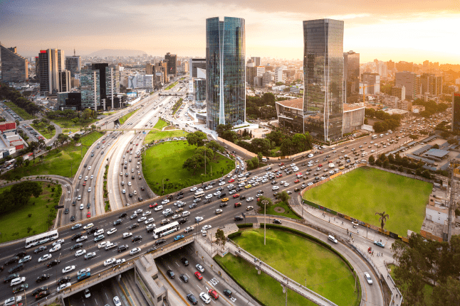 This image showcases the bustling financial district of San Isidro in Lima, Peru.