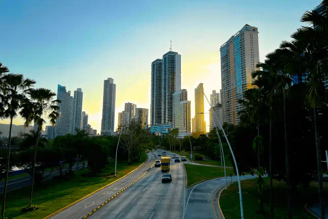 This image showcases the modern skyline of Panama City, Panama, along Avenida Balboa.