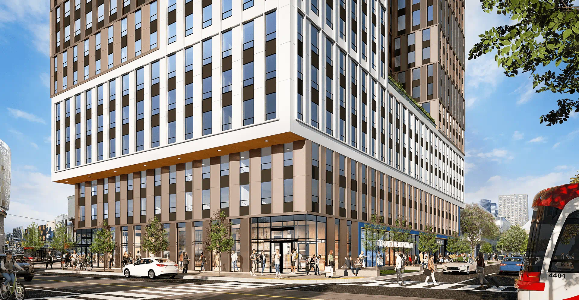 Architectural rendering of a new corner building, highlighting its contemporary style and urban integration.