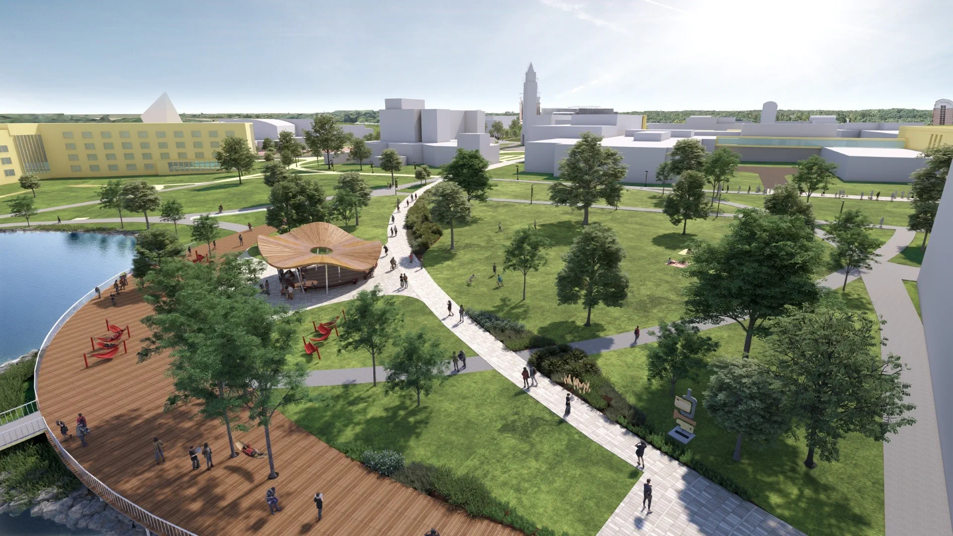 An artistic depiction of the new campus, highlighting innovative structures and outdoor environments.