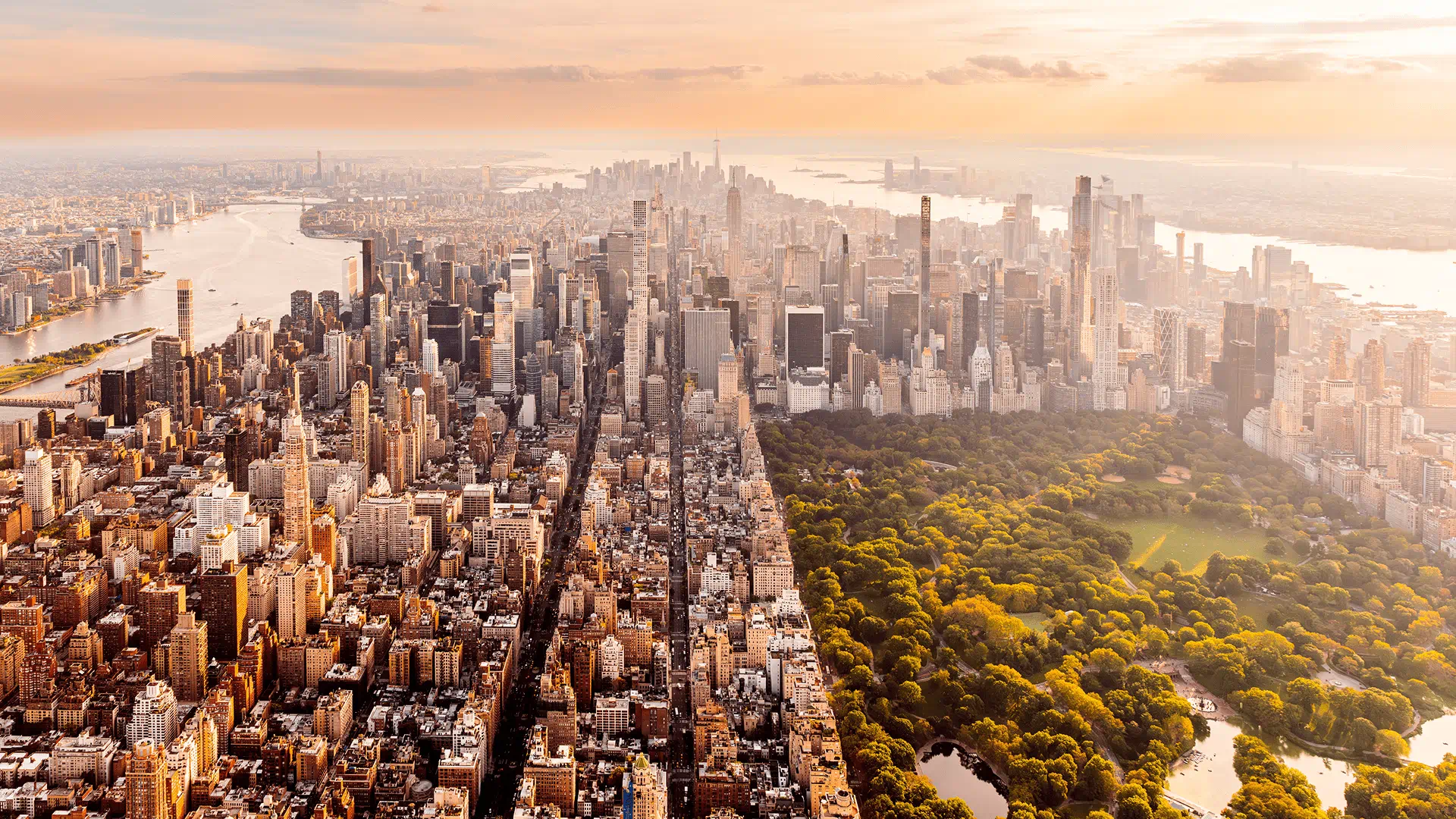 Bird's-eye view of the city, featuring a mix of skyscrapers and residential areas against a bright horizon.