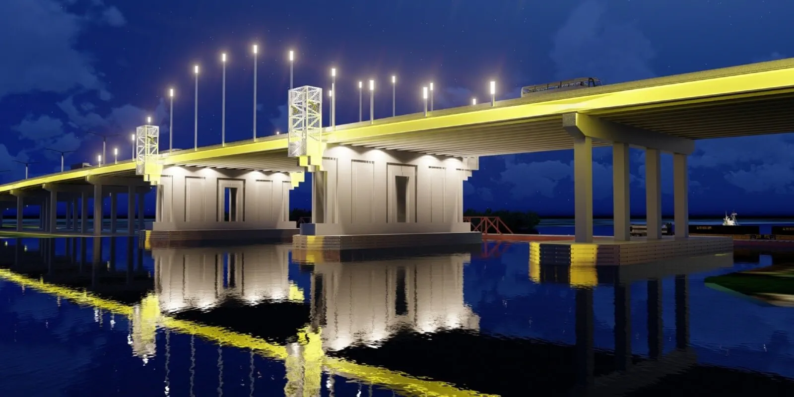 Illuminated modern bridge at night with reflections on calm water, showcasing advanced infrastructure and architectural design.