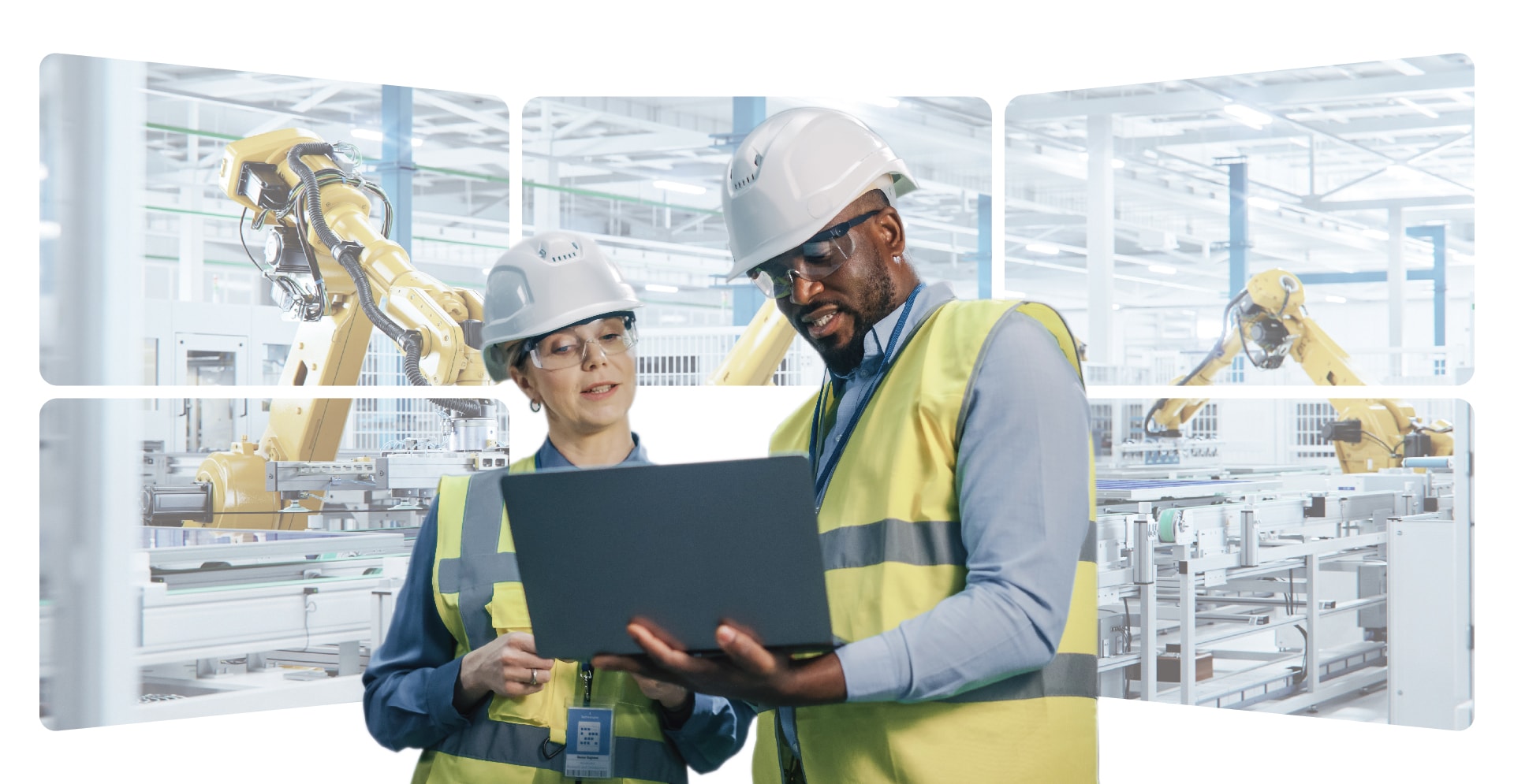 Two individuals wearing hard hats and safety glasses are focused on a laptop screen, engaged in a work-related task.