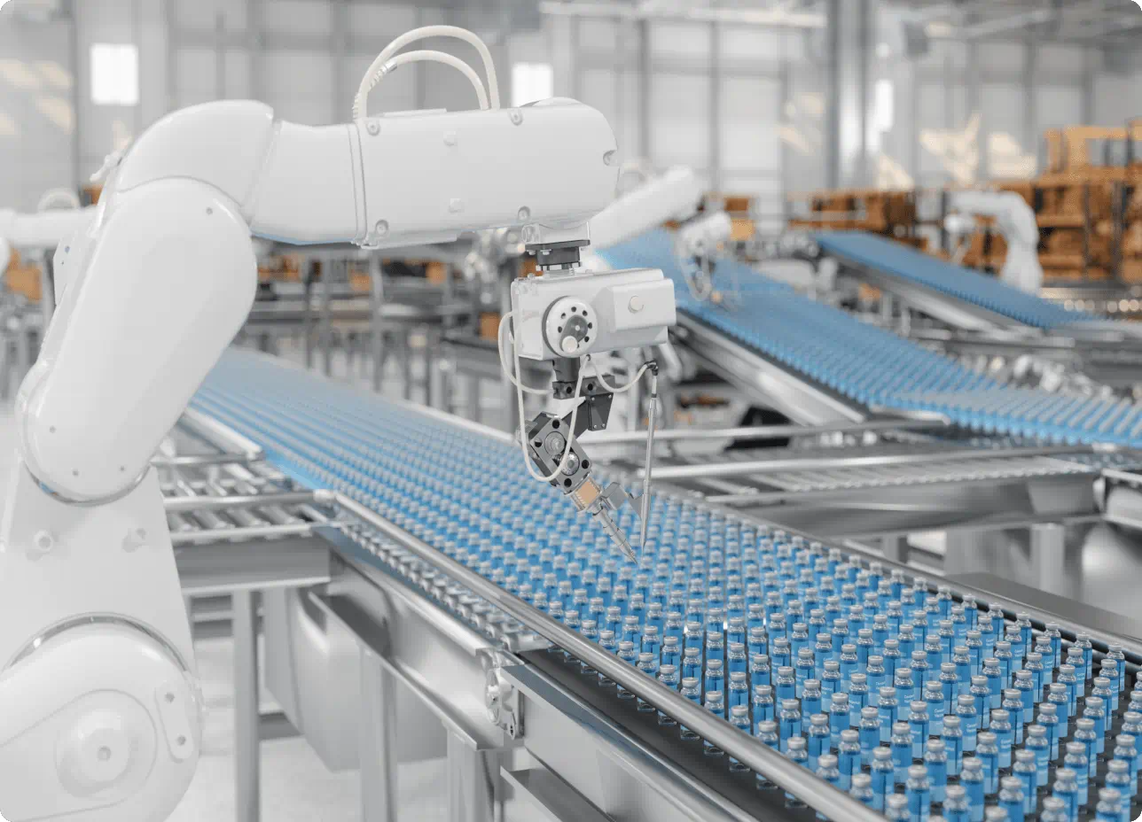 A robot efficiently assembling products on a conveyor belt within a modern factory setting.