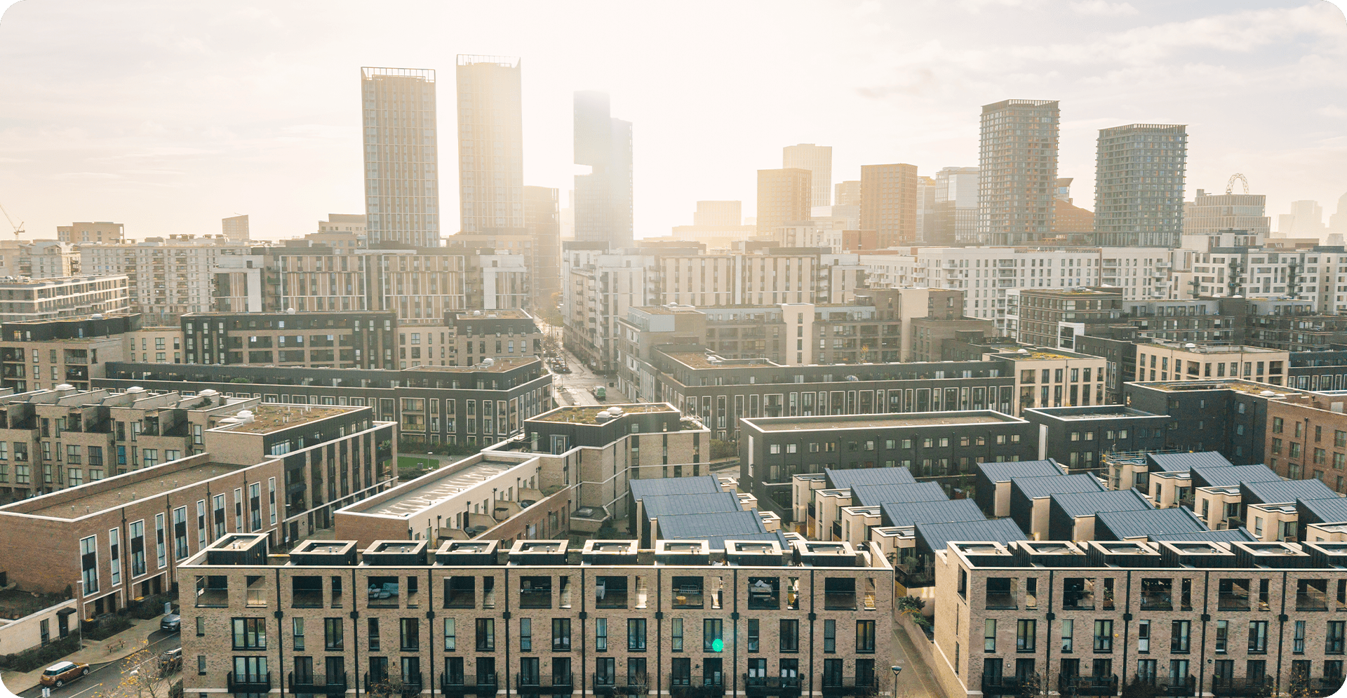 A vibrant urban landscape showcasing a variety of buildings in the background.