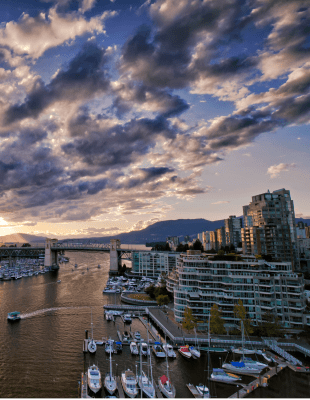 Panoramic view of False Creek in spring in Vancouver, Canada