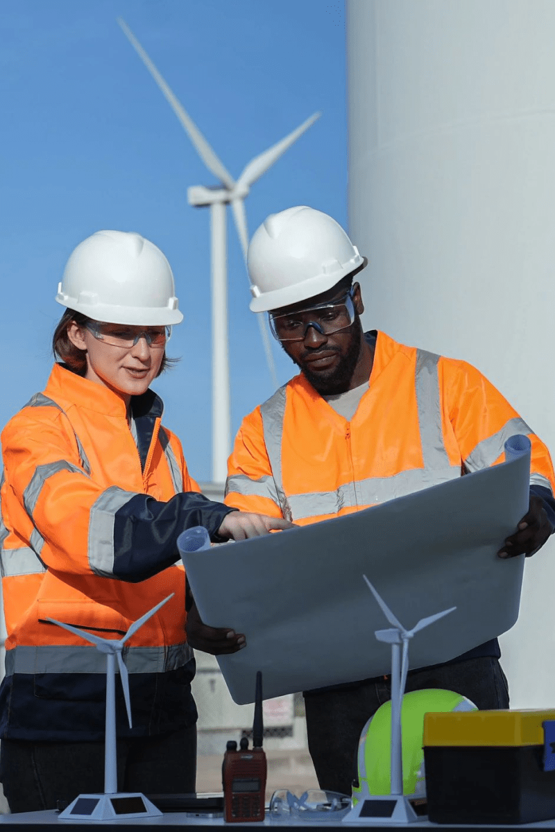 Two workers in safety vests and hard hats stand next to wind turbines, emphasizing safety in a clean energy environment.