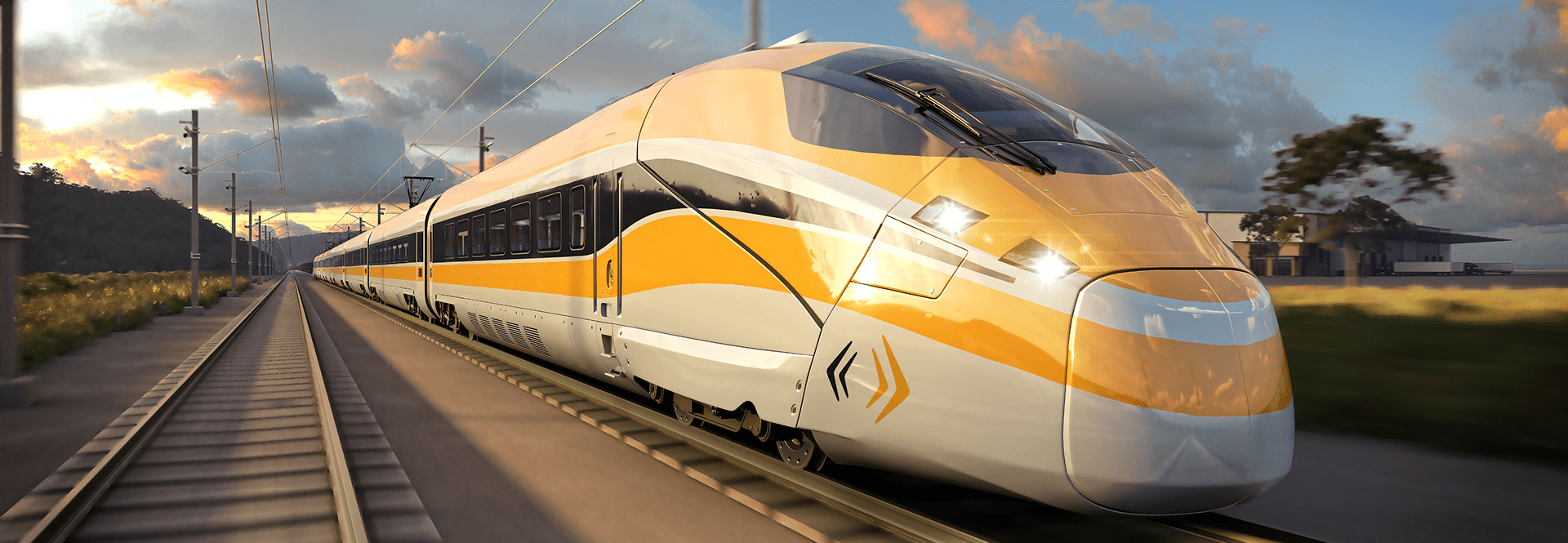 A high-speed train swiftly travels along the tracks, showcasing its sleek design and dynamic motion.