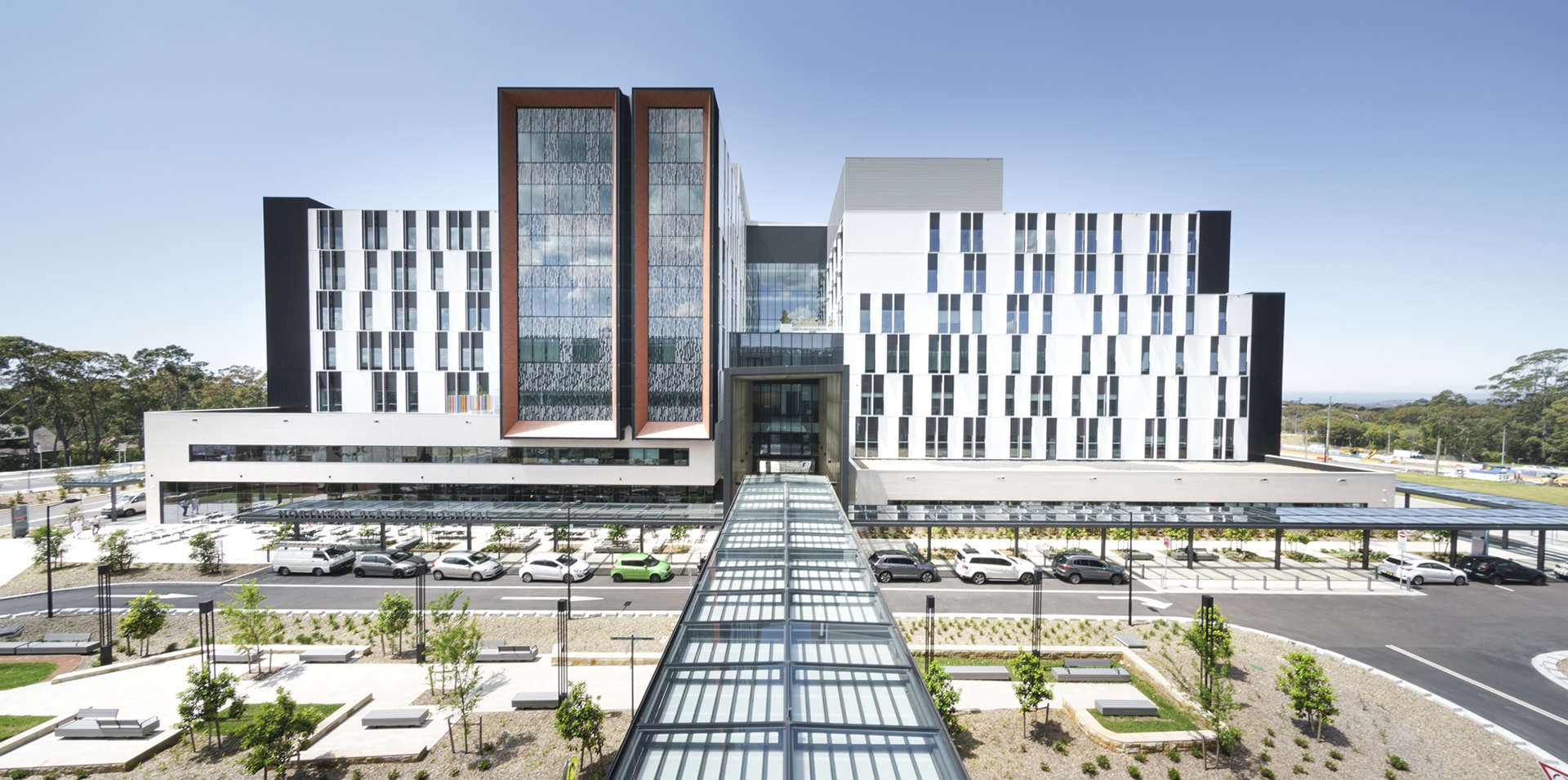The front of Sydney Northern Beaches Hospital Building and Car Park