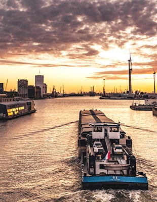 The horizon of Antwerp overlooking the Scheldt River and the cathedral.