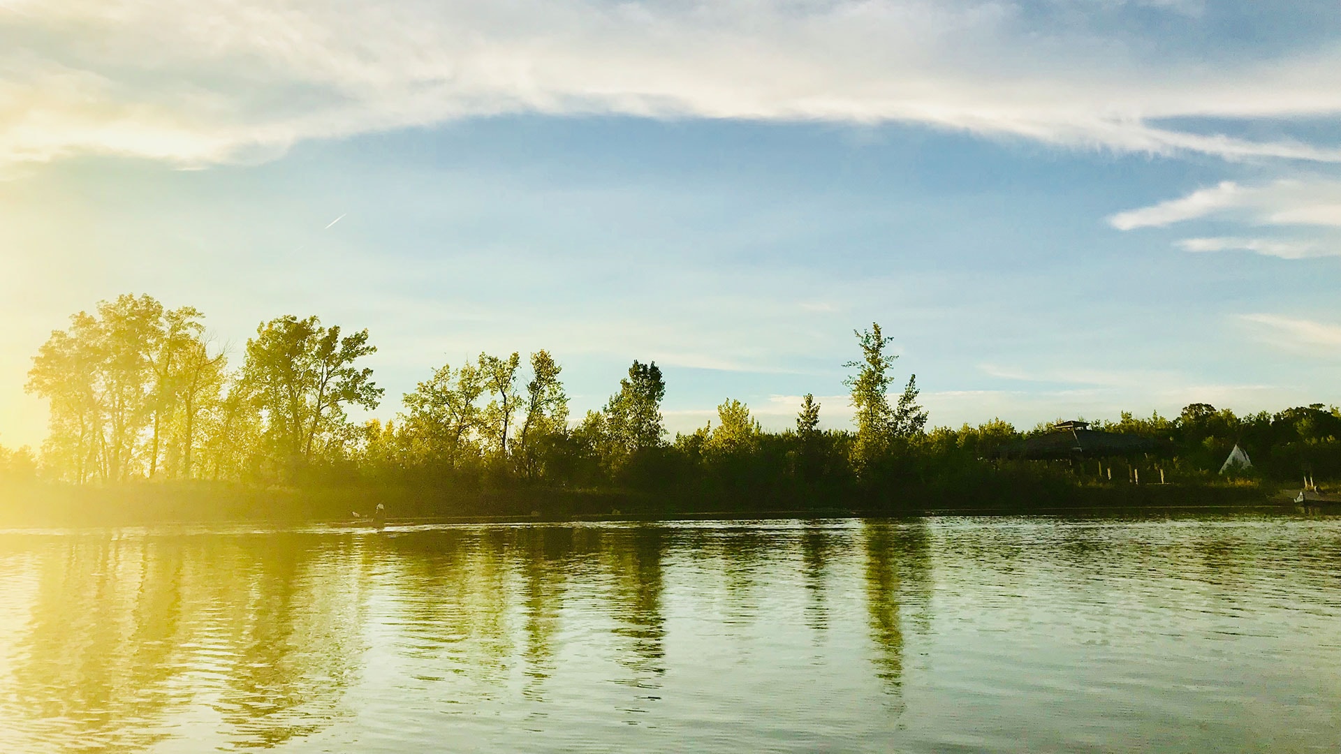Blick von der Donau auf das Ufer bei Sonnenuntergang
