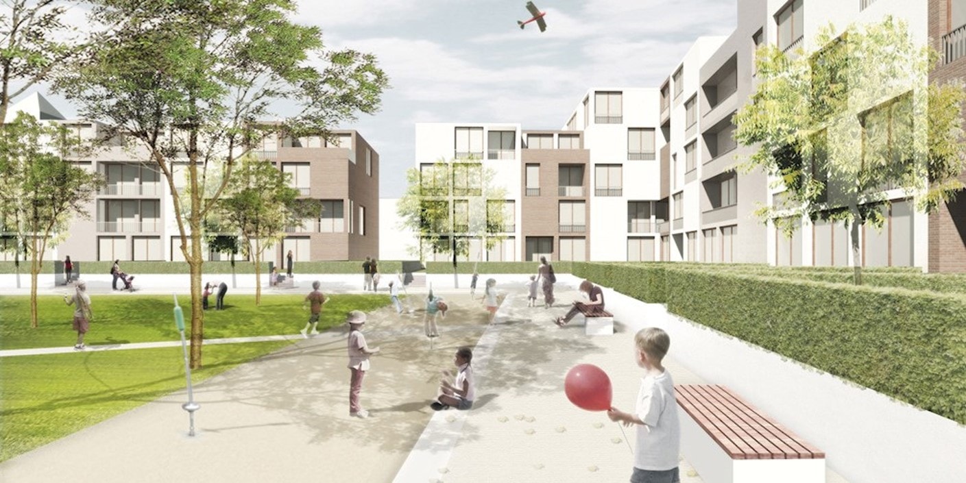 3D-Visualisierung eines Wohn-Areals mit Grünflächen und Menschen