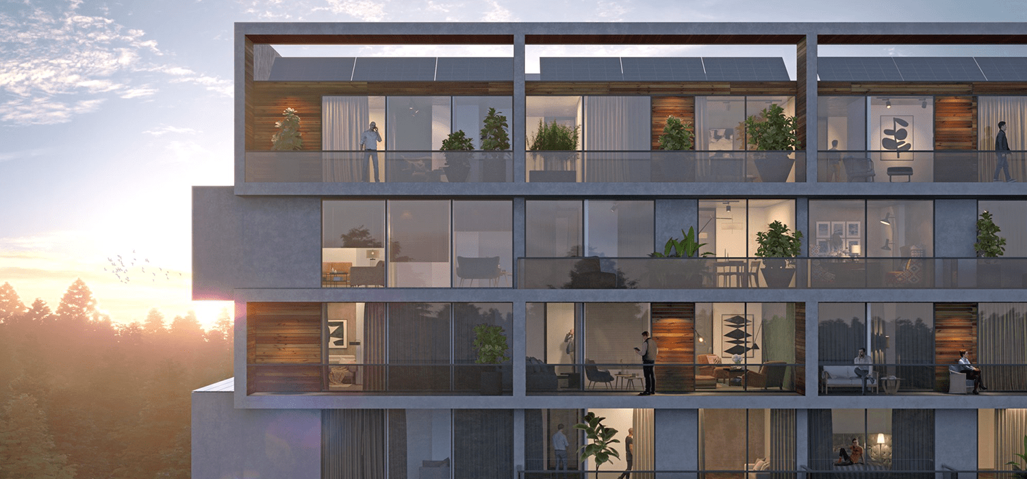 visualisatie bovenste gevel met ondergaande zon op achtergrond